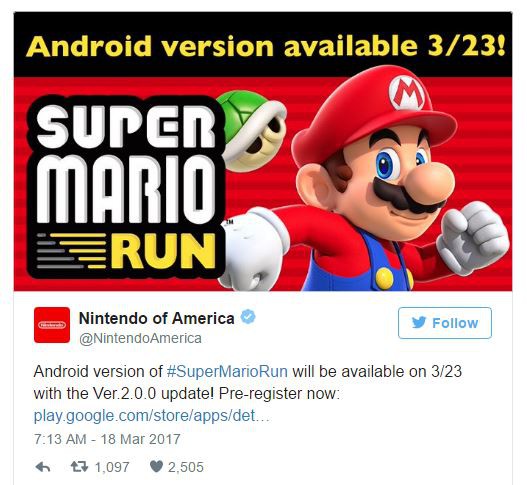Game kinh điển Super Mario Run cho Android sẽ được phát hành vào ngày 23/3