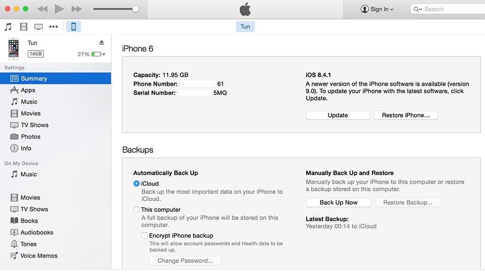 Cách 2: Nâng cấp iOS 9 thông qua iTunes