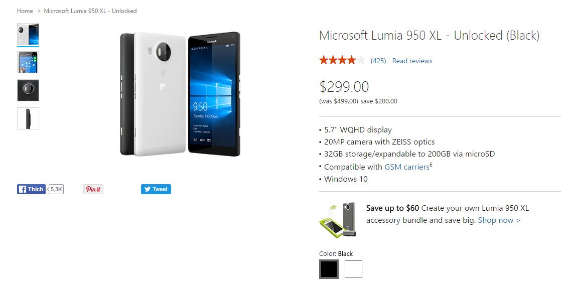 Lumia 950 XL giảm giá chỉ 299 USD tặng Display Dock