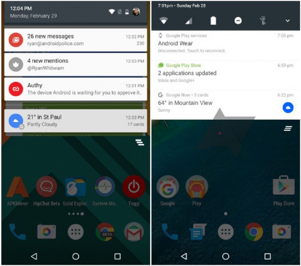 Hình ảnh thanh thông báo mới của Android N: Gọn gàng hơn, đa chức năng hơn