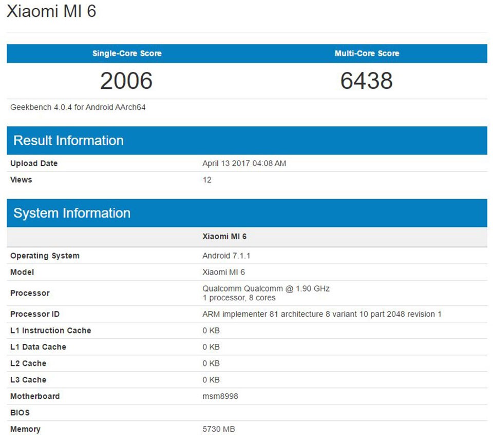 Xiaomi Mi 6 bất ngờ xuất hiện trên Geekbench