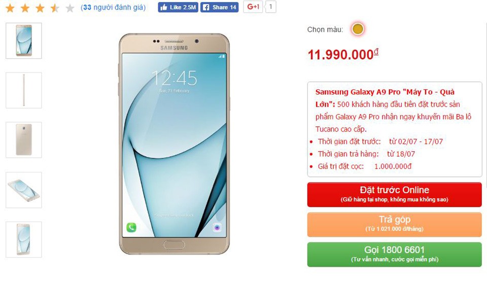 Samsung Galaxy A9 Pro chính thức lên kệ tại FPT Shop, giá 11.990.000 đồng