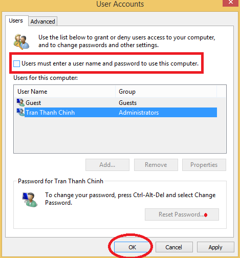 Bỏ chọn hộp Người dùng nhập tên người dùng và mật khẩu của họ và nhấp vào OK
