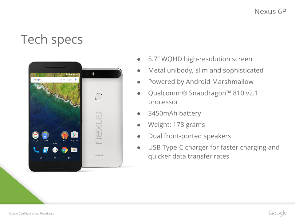 Rò rỉ ảnh slide Nexus 6P: vỏ kim loại, Gorilla Glass 4, pin 3450mAh 2