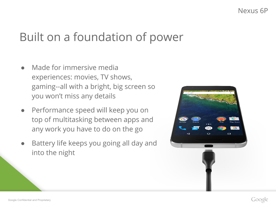 Rò rỉ ảnh slide Nexus 6P: vỏ kim loại, Gorilla Glass 4, pin 3450mAh 3