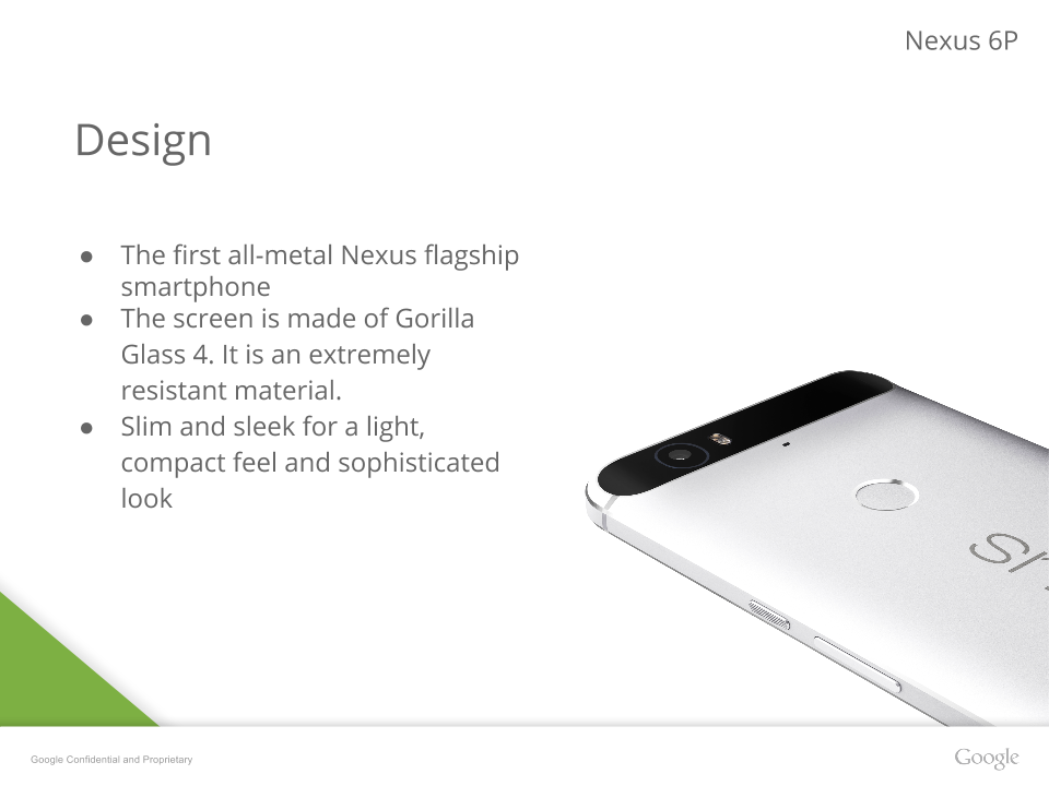 Rò rỉ ảnh slide Nexus 6P: vỏ kim loại, Gorilla Glass 4, pin 3450mAh
