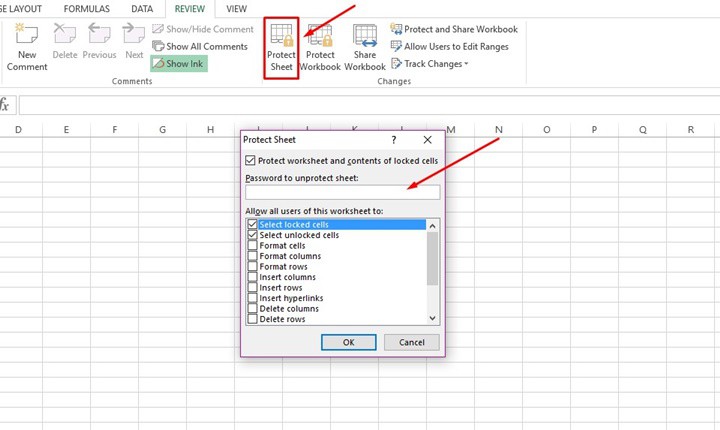 Thao tác đặt password cho sheet Excel