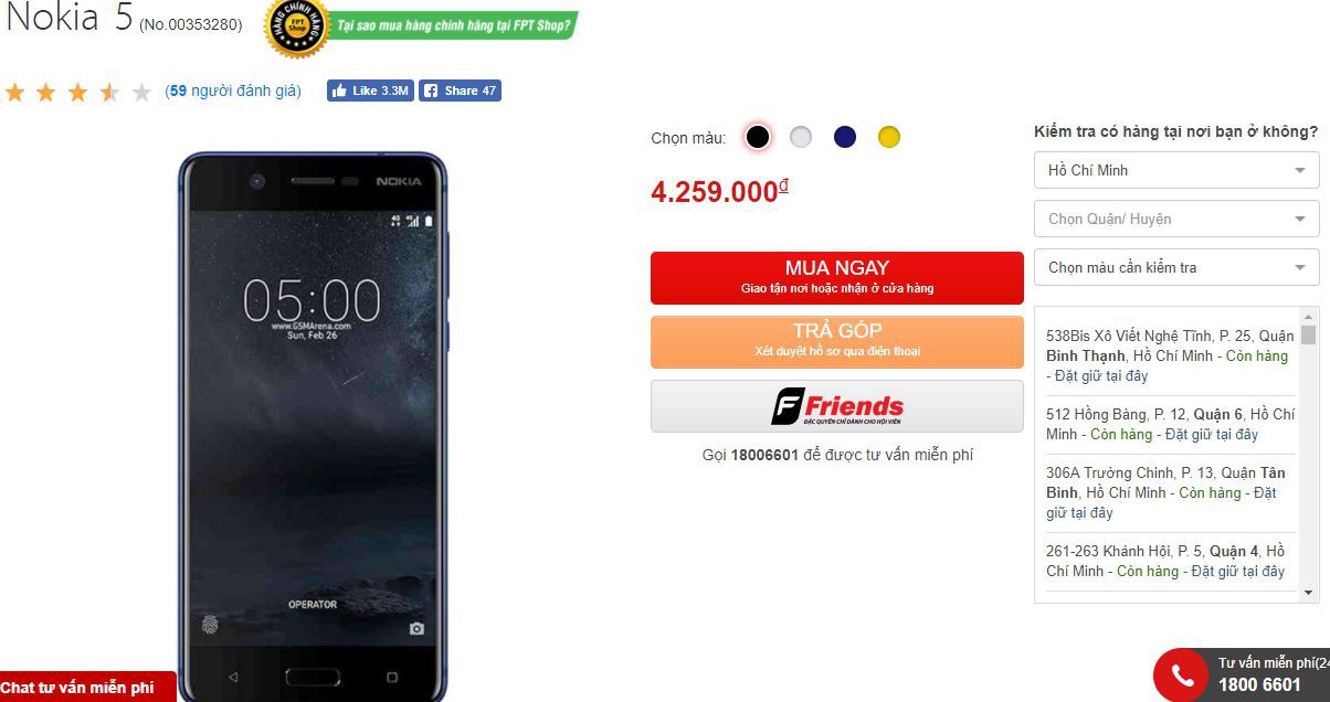 Nokia 5 với thiết kế kim loại nguyên khối, chạy Android 7.1, giá tốt lên kệ FPT Shop