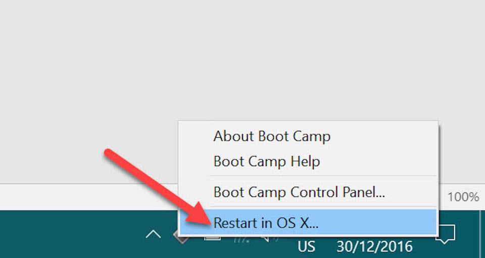 Nhấn chuột phải vào biểu tượng Bootcamp và chọn Restart.