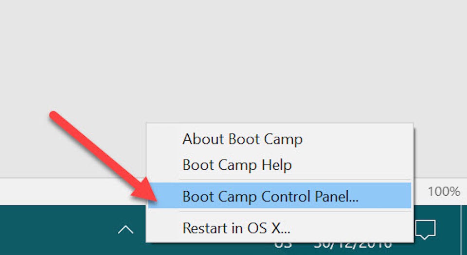Chọn Boot Camp Control Panel để chọn hệ điều hành khởi động mặc định.