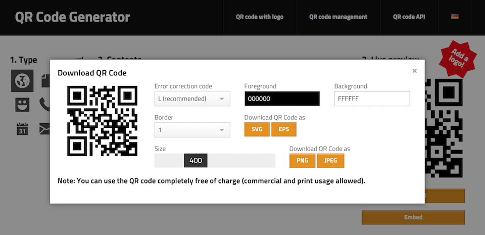 Nhấn vào nút PNG/JPEG để tải hình ảnh QR code.