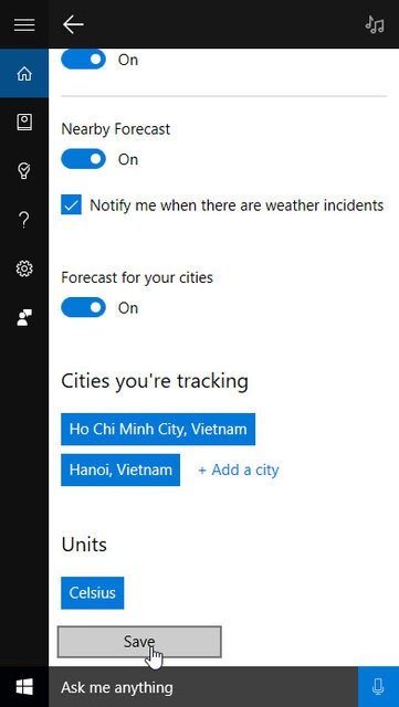 Cách thêm thời tiết các thành phố khác vào Cortana.