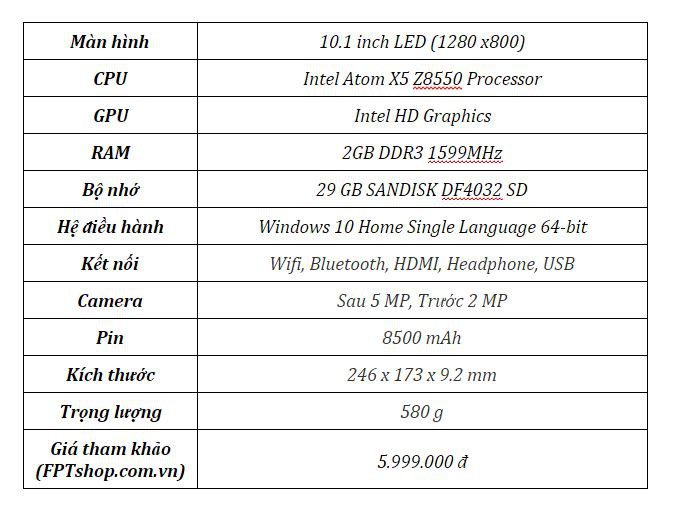 Cấu hình  Lenovo Ideapad Miix 310