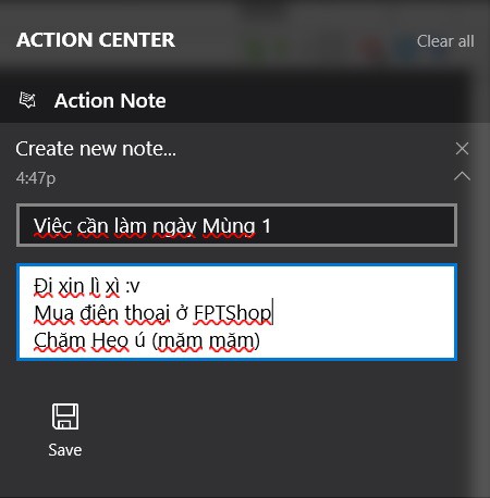 Hướng dẫn tạo ghi chú trên Action Center cho Windows 10