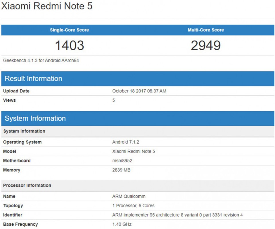 Lộ điểm hiệu năng Xiaomi Redmi Note 5 trên Geekbench