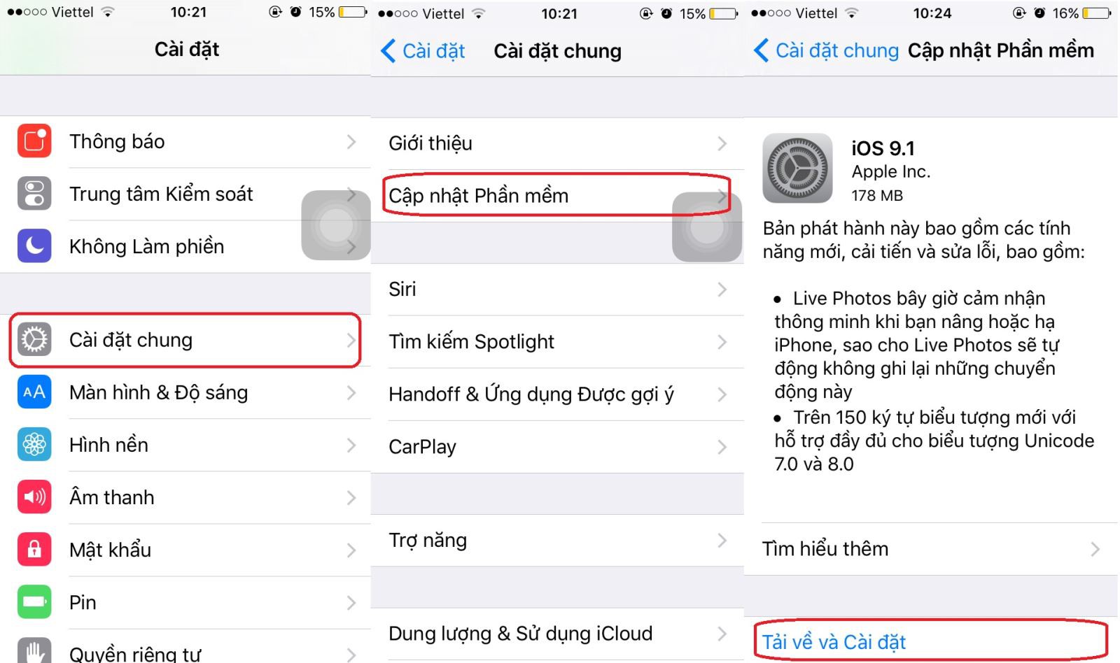 Cập nhật iOS 9.1 thông qua OTA