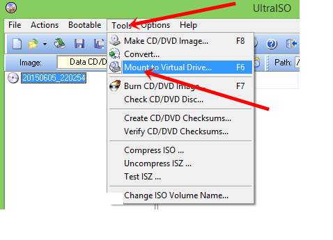 Khởi chạy phần mềm UltraIOS, vào menu chọn “Tools” => chọn “Mount to Virtual Drive”.