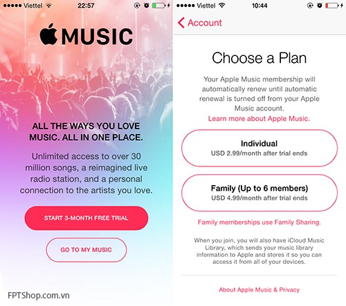 Các gói cước sử dụng Apple Music tại Việt Nam