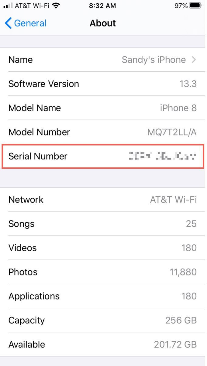 iPhone serial number IMEI settings