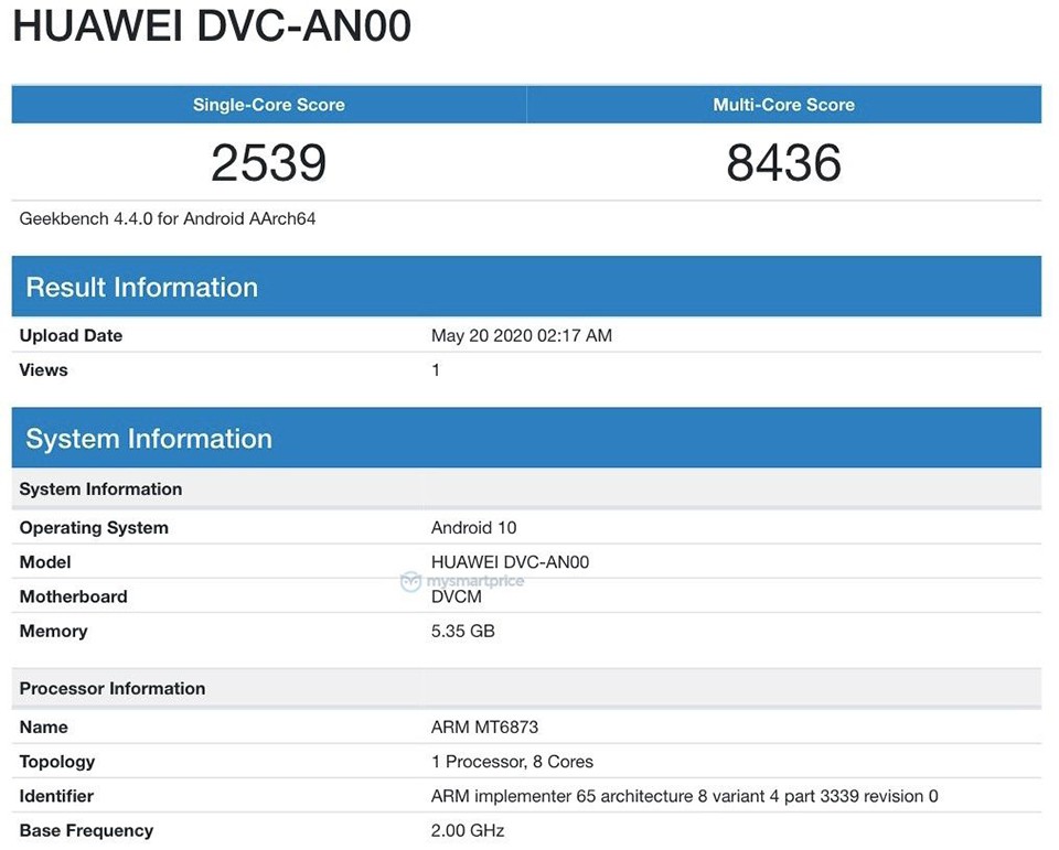 Huawei Enjoy Z 5G với chip Dimensity 800, RAM 6GB xuất hiện trên Geekbench