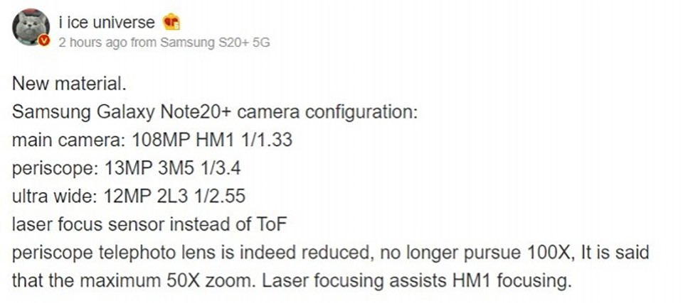 Thông tin camera Galaxy Note 20+ (ảnh 1)