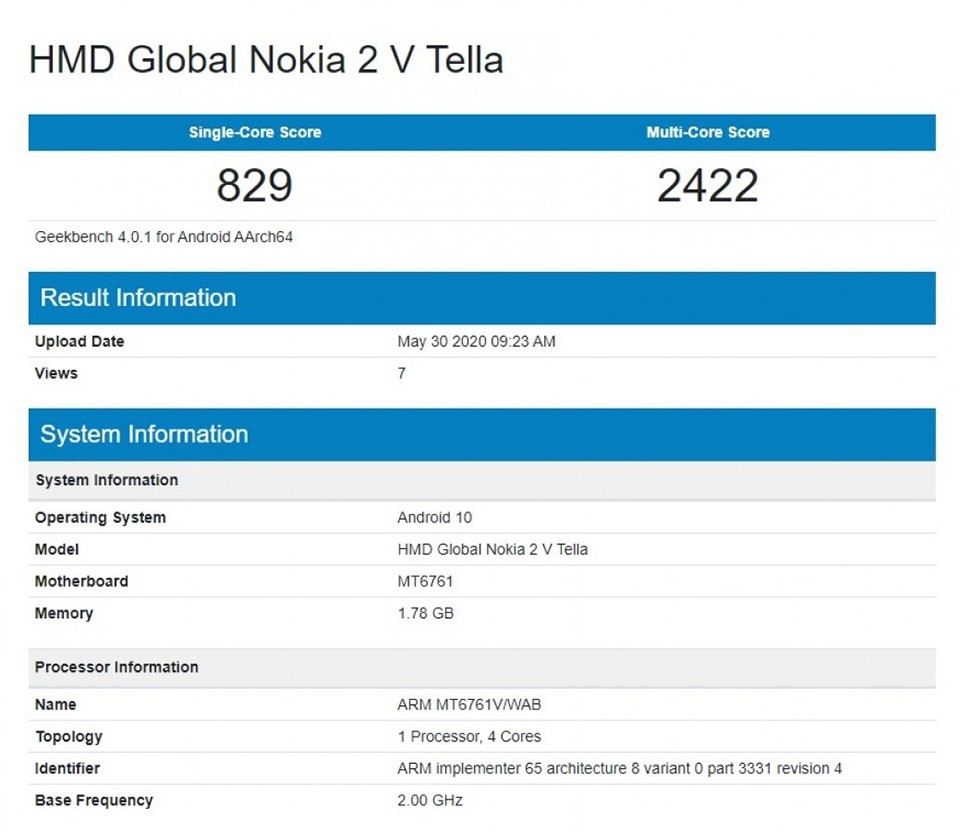 Nokia 2V Tella lộ cấu hình trên Geekbench