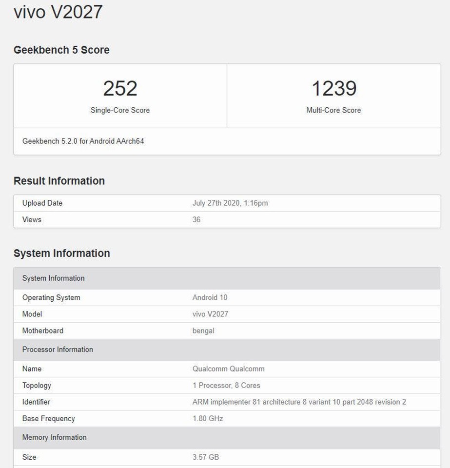 Vivo Y20 xuất hiện trên Geekbench
