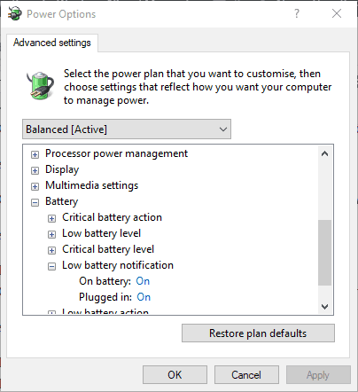 Cách bật thông báo pin yếu cho laptop trên Windows 10