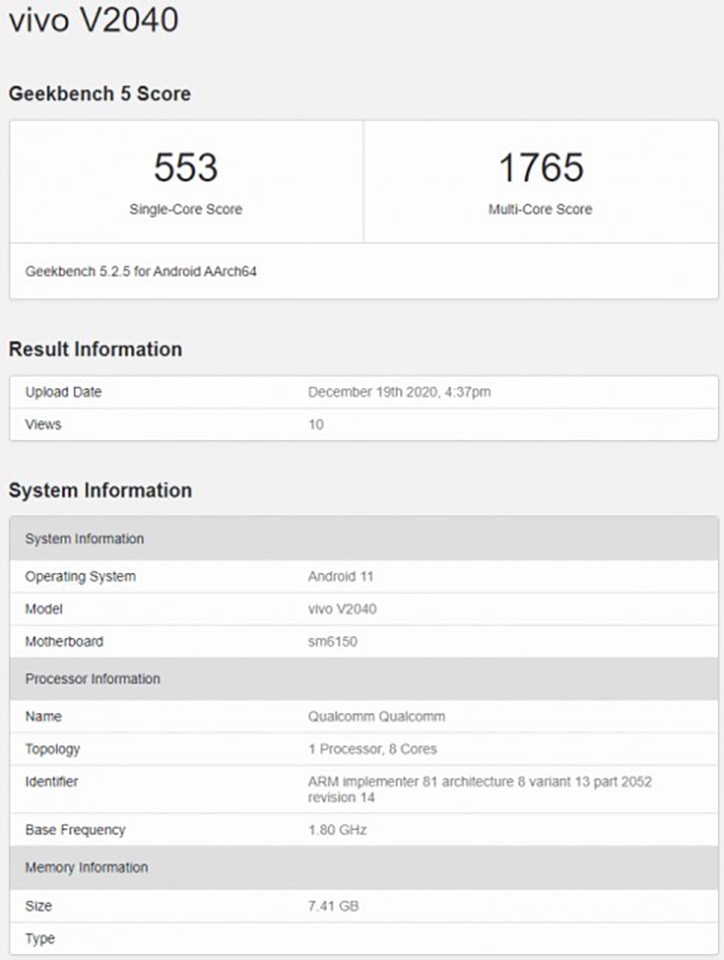 Thông số kỹ thuật chính của Vivo V20 (2021) được tiết lộ bởi Geekbench