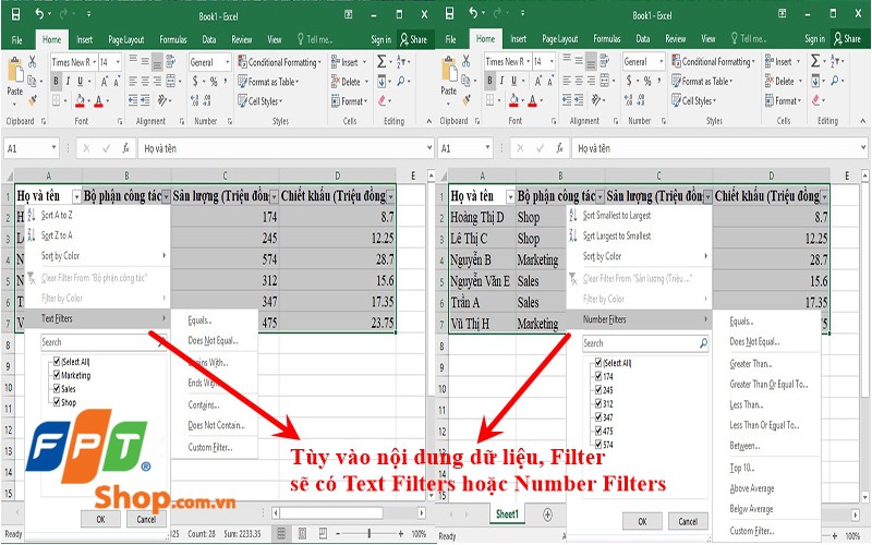 Tùy vào nội dung trong vùng, Excel sẽ có các tùy chọn khác nhau