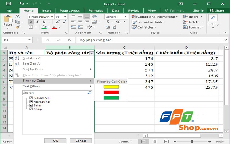 Nếu văn bản có màu sắc, Excel sẽ cung cấp tiện ích lọc theo màu