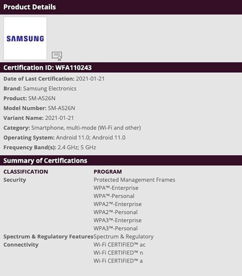 Galaxy A52 đạt chứng nhận Wi-FI (ảnh 1)