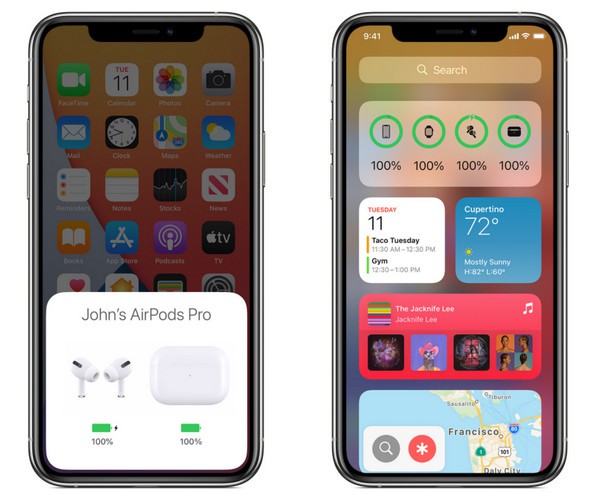 Xem dung lượng pin khi mở nắp AirPods gần iPhone (ảnh trái) hoặc thông qua tiện ích khi AirPods đã kết nối với iPhone