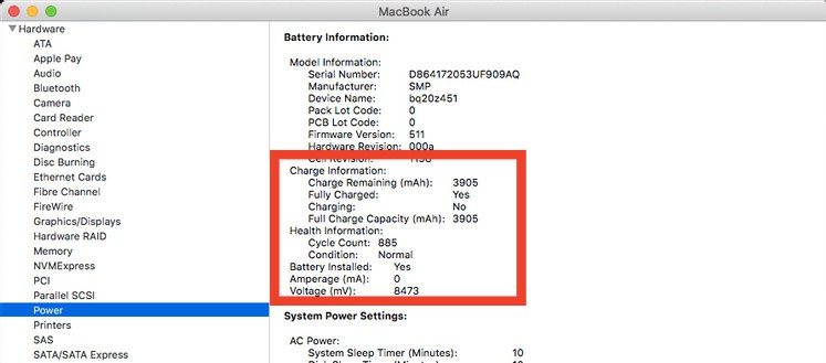 Thông tin về pin trên máy Mac