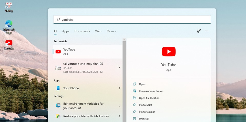 Ứng dụng YouTube đã xuất hiện trong danh sách các ứng dụng trong Windows