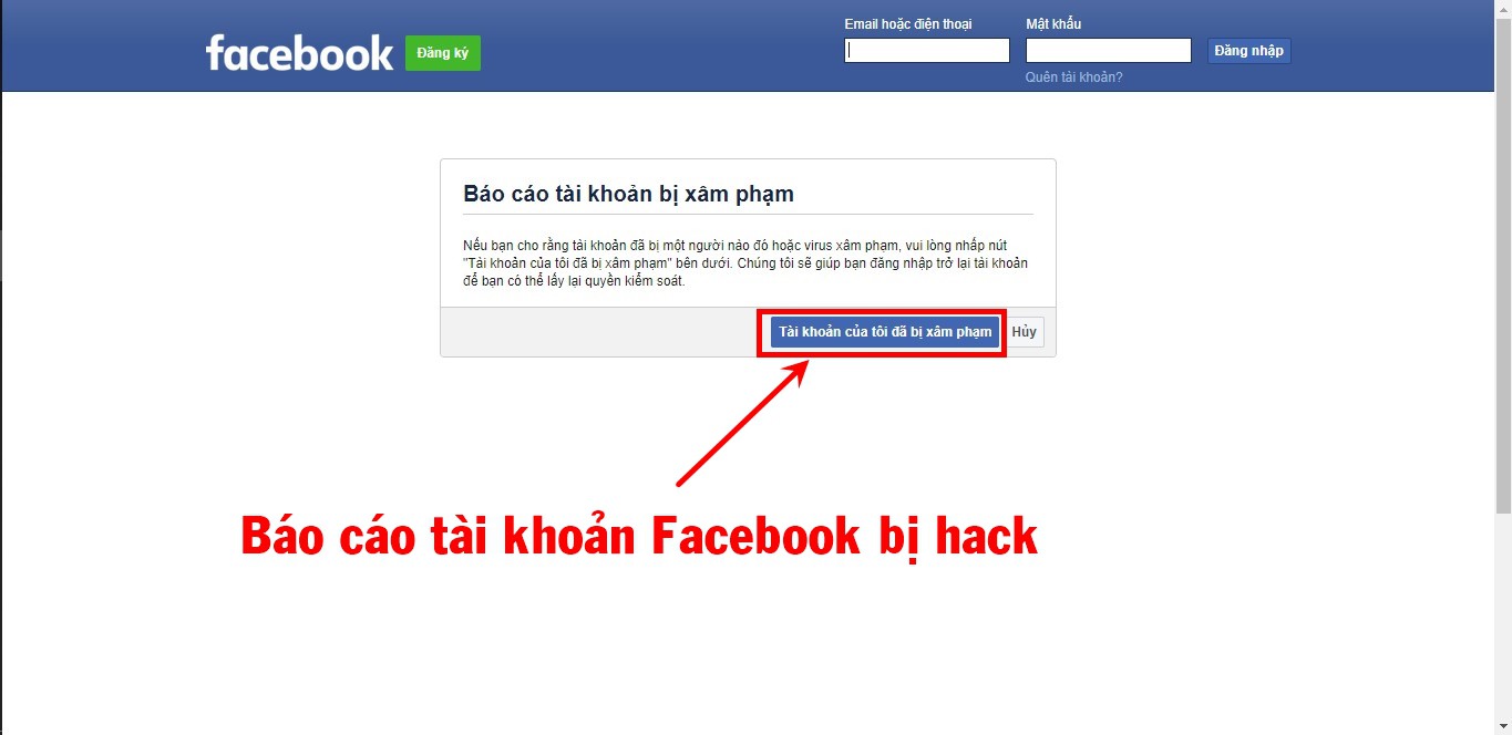 Báo cáo tài khoản Facebook bị hack.