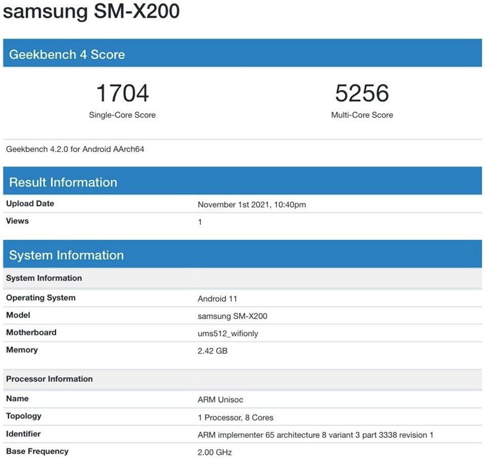 Samsung Galaxy Tab A8 2021 xuất hiện trên Geekbench