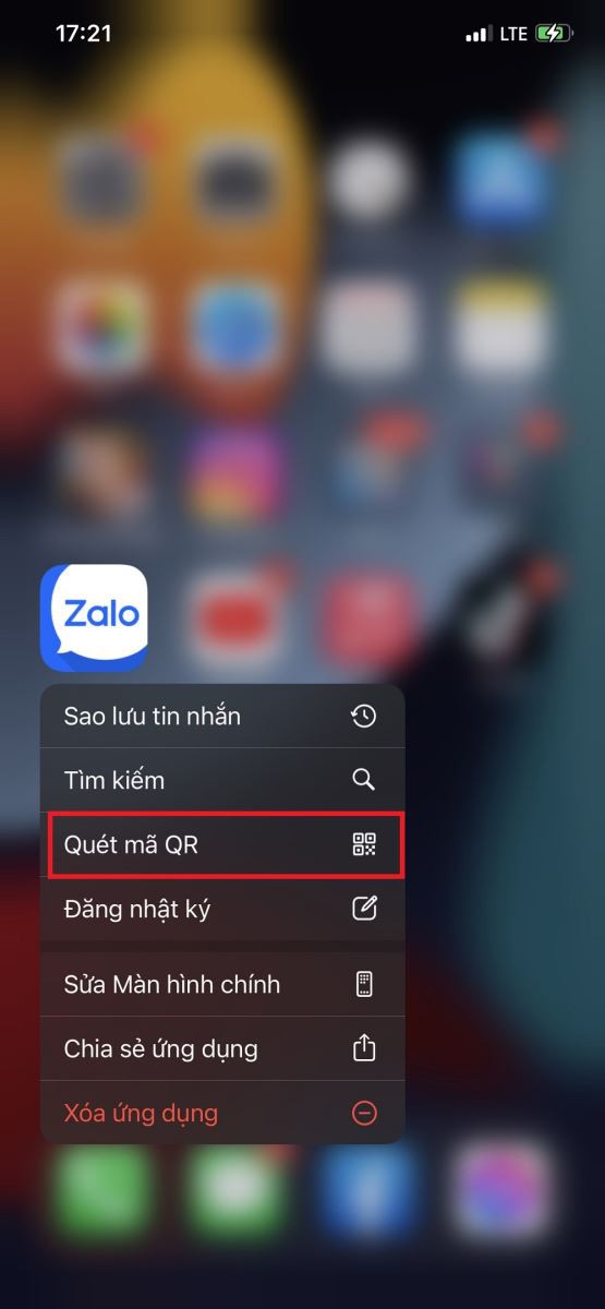 Nhấn giữ Zalo -> Quét mã QR