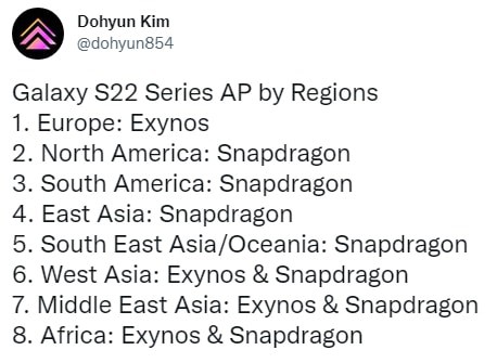 Danh sách các khu vực Samsung Galaxy S22 được trang bị Snapdragon và trang bị Exynos