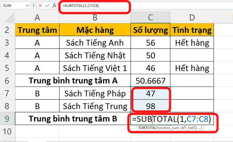 Công thức và hướng dẫn sử dụng hàm SUBTOTAL trong Excel đơn giản