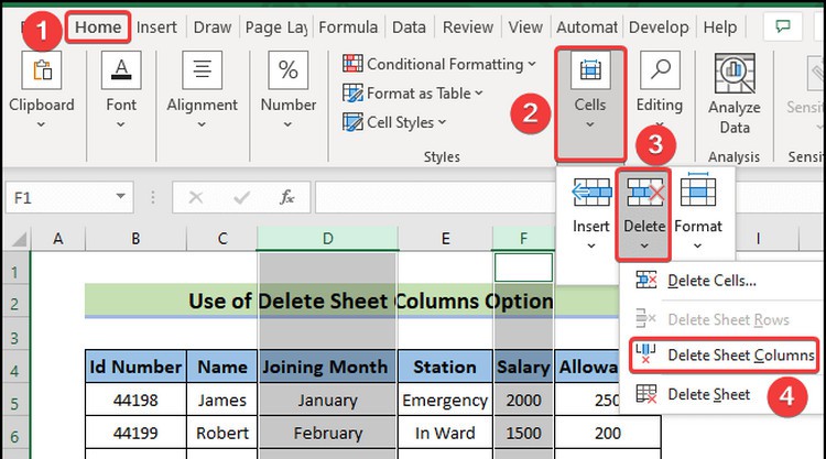 Cách xóa cột trong Excel (2)