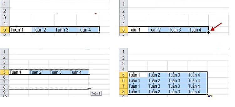 Dùng chuột trái để copy, paste dữ liệu trong Excel