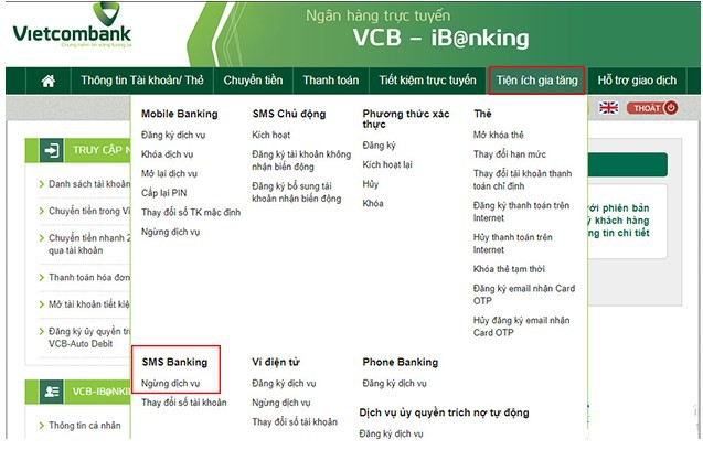 Hủy SMS Banking Vietcombank tại ứng dụng