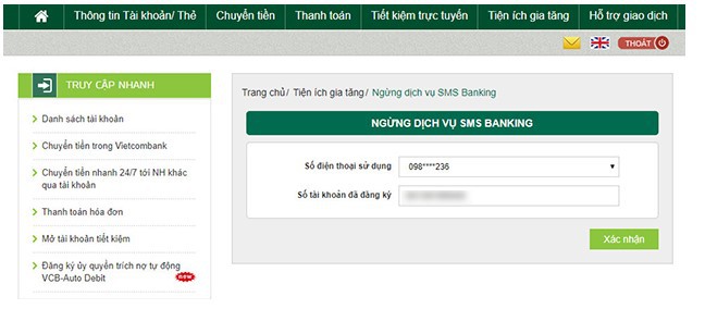 Hủy SMS Banking Vietcombank tại ứng dụng
