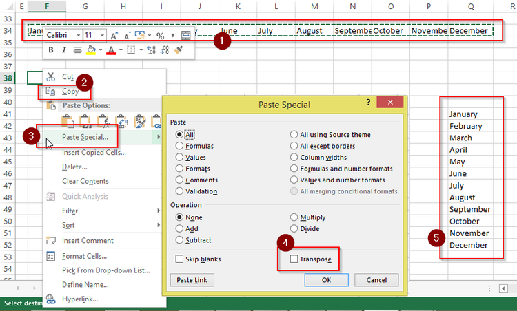 Chuyển hàng thành cột trong Excel bằng Paste Special