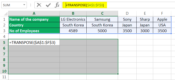 Chuyển hàng thành cột trong Excel bằng hàm TRANSPOSE 2