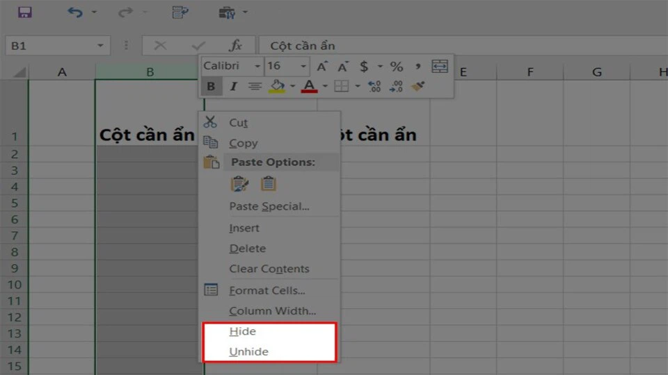 Dùng chuột phải để ẩn cột trong Excel