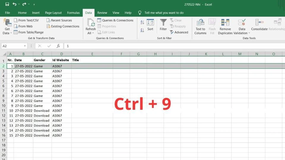 Dùng phím tắt Ctrl+9 để ẩn cột trong Excel