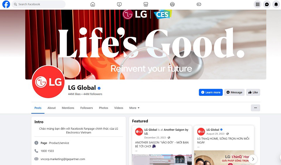 Trang chủ Facebook của LG Global