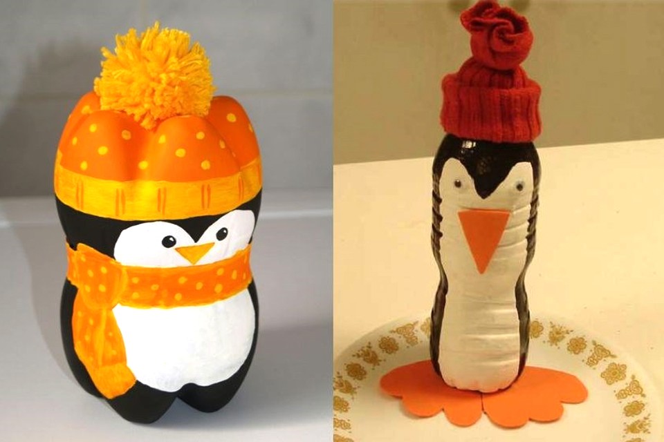 Tái chế chai nhựa làm chú chim cánh cụt.